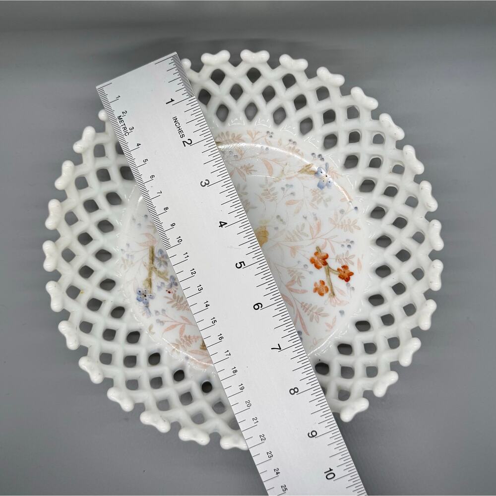 Vtg. Milk Glass Painted Floral Bowl Basket weave Lattice Fruit Compote Open Lace - Picture 3 of 13